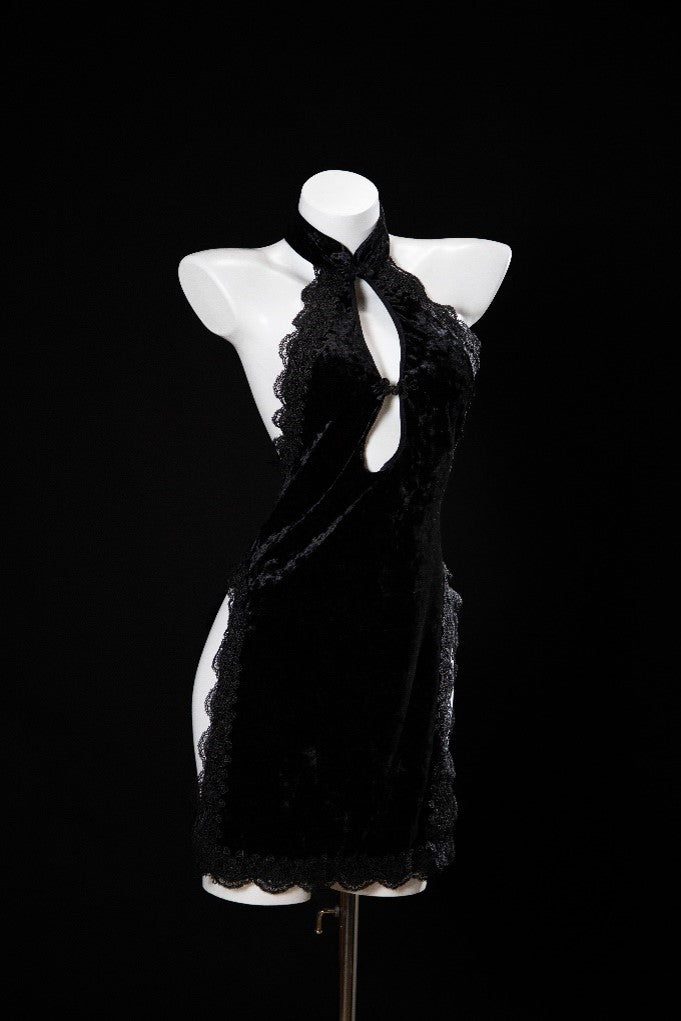 "Night Rain" Hollow Out Design Velvet Chinese Dress